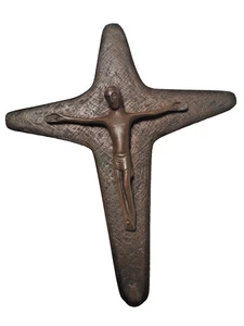 KREUZ KRUZIFIX BERGKRISTALL BRONZE MIT STRUKTUR NATÜRLICHE PATINA LITURGIE - Bild 1 von 4