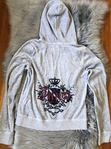 Juicy Couture Hoodie Track Jacket Sz M Grey Velour Cotton School Logo Vintage - Picture 1 of 5