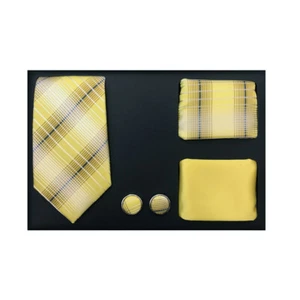 Nuevo Formal Para hombres Corbata Delgada Hankie Puño Eslabones Regalo Set Patrón Amarillo Blanco - Imagen 1 de 3