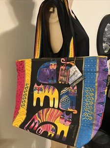 Large Laurel Burch Tote Bag Multi Colored Cat Print New With Tags - Picture 1 of 8