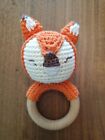 Amigurumi, handmade crochet soft FOX head rattle with wooden teether ring