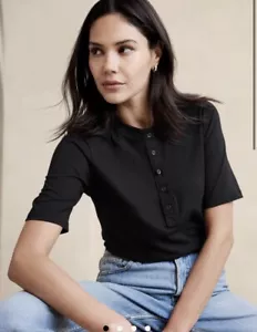 Banana Republic Damen schwarz Baumwolle Ellenbogenärmel Henley T-Shirt Größen XXS XS oder M - Bild 1 von 6