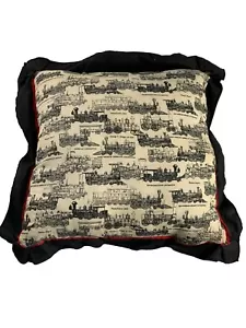 Vintage Throw Pillow Train Locomotive White Red Black Ruffle Retro 19.5" Square - Picture 1 of 5