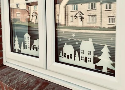 Christmas House & Tree Silhouette Window Cling Stickers – Reusable Static Cling - Image 1 of 4