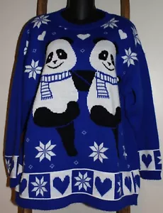 WOMENS~Vintage~NAN DORSEY~Blue~DANCING PANDAS~Sweater~HEART~Snowflakes~LARGE~USA - Picture 1 of 4