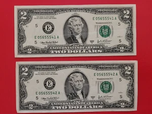 Two bills fancy 555 sequential number $2 US real money bank note Federal Reserve - Picture 1 of 4