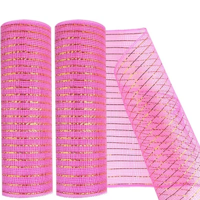 2 Pack 10 Inch x 30 Feet Pink Deco Mesh Ribbon with Metallic Foil for Wreaths - Image 1 of 4