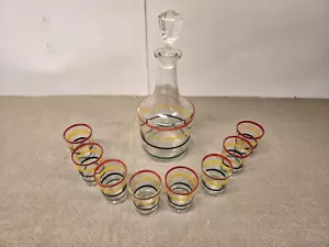 Vintage MCM 1950s Anchor Hocking Lancaster Circus Stripe Decanter w/8 Shot Glass - Picture 1 of 10