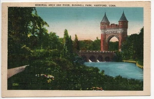Memorial Arch und River Bushnell Park Hartford CT Leinen Postkarte verschickt 1938 - Bild 1 von 12