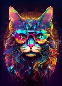 Printable Wall Art Psychedelic Cat Istant Download Digital Image - Picture 1 of 5