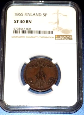 1865 Finland 5P NGC XF 40 BN Five Pennia KM#4.1 Finnish Key Date Certified Coin - Image 1 of 4