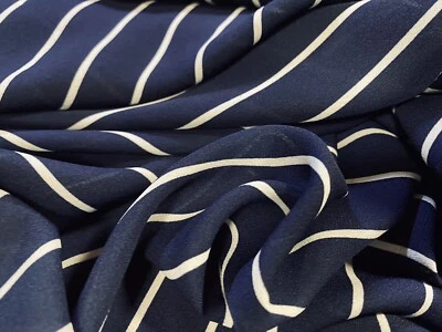 Striped Georgette Woven Dress Fabric, Per Metre - Navy & White - Image 1 of 3