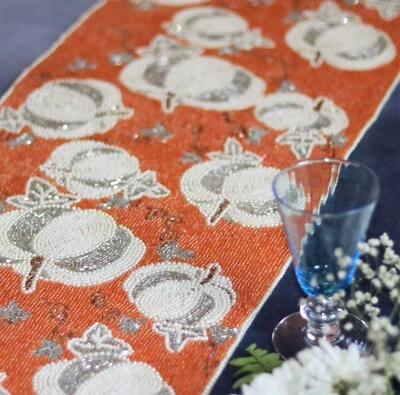 Halloween Pumpkin Design Beaded Table Runner Kitchen Décor Dining Table Topper - Image 1 of 4