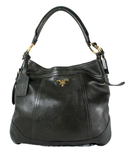 PRADA Hobo Schultertasche dunkel gedecktes grün CERVO ANTIK Leder gold Logo groß - Bild 1 von 17