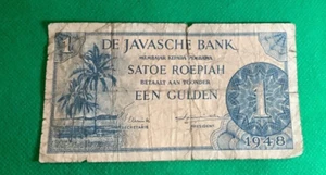 1948 NETHERLANDS INDIES DE JAVASCHE BANK 1 GULDEN BANKNOTE - Picture 1 of 2