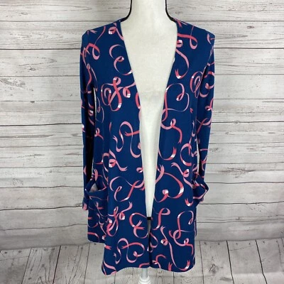 Cárdigan para mujer Lularoe Caroline frente abierto talla XS azul rosa estampado de cinta Foto 1 de 4