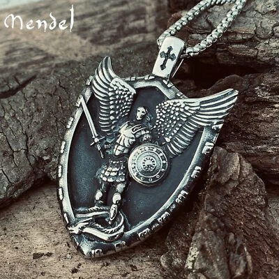 MENDEL Mens Christian Shield Cross Archangel Angel Michael Pendant Necklace Men - Image 1 of 4