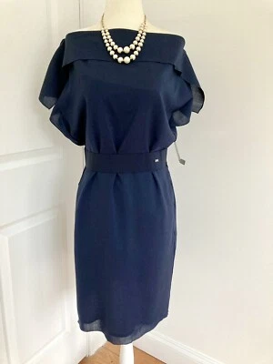 NWT $495 ESCADA SPORT Navy Blue Wool Blend Boat Neck Belted Sheath Dress! 38/8 - Image 1 of 4
