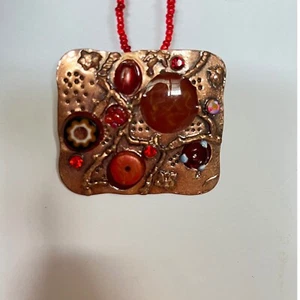 Artisan Copper Pendant Necklace Red Beaded Chain Statement Jewelry Unique - Picture 1 of 4