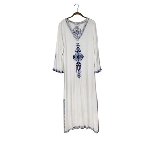 Soft Surroundings Kaftan White Blue Embroidered Kameez Vintage Size Large - Picture 1 of 12