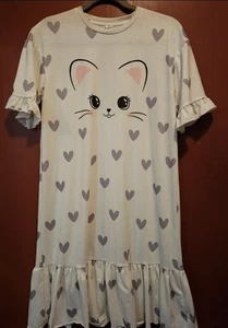 NEW White Kitty Face Heart Print Short Sleeved Nightgown Girls Size 11 yrs - Picture 1 of 5