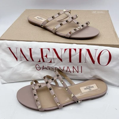 Женские сандалии-шлепанцы Valentino Garavani Rockstud плоские кожа P45 Poudre размер ЕС 39 - Изображение 1 из 4