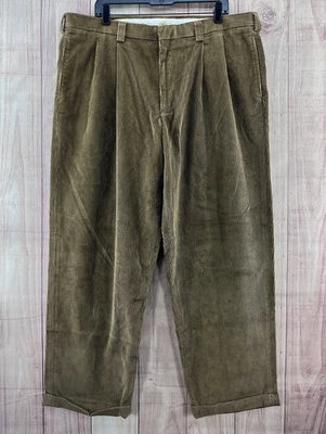 Vtg 80s LL Bean Pleated Corduroy Pants Sz 40x30 Beige Tan Cuffed Preppy Baggy - Image 1 of 4