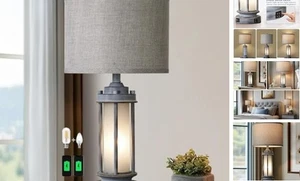 Rustic Table Lamp for Bedroom Living Room with 2 USB Ports, 1 Pack-Gray Green - Picture 1 of 8