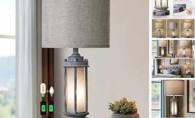 Rustic Table Lamp for Bedroom Living Room with 2 USB Ports, 1 Pack-Gray Green - Image 1 of 4