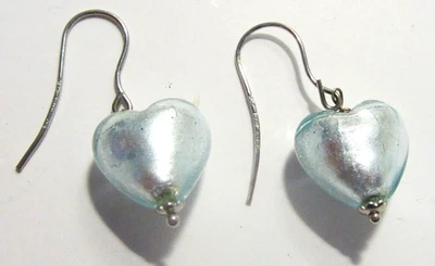 Beautiful White Murano Glass Heart Shaped Earrings w/ 14k White Gold Hooks - Image 1 of 4