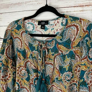 Womens AGB Teal White Boho Paisley Print Button Up Blouse 3/4 Sleeves Tassles 2X - Picture 1 of 8