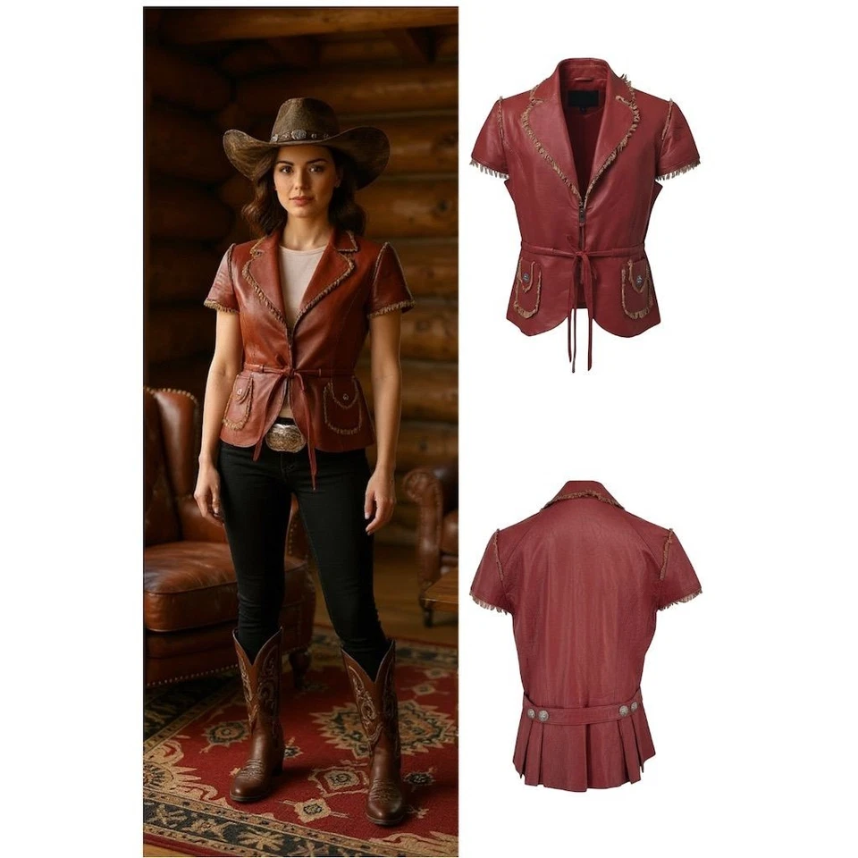 Chaqueta Double D Ranch de cuero rojo mantecoso con flecos ajustados occidentales L ver notas Foto 1 de 4