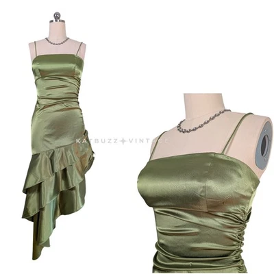 Y2K Blondie Nites Prom Dress Midi Gown 9 10 Green Ruffle Halter Bow Fairy Glam - Image 1 of 4