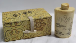Vintage geätzte glänzende Rinderknochen asiatische chinesische Outdoor-Szene Schnupftabakflasche mit Box - Bild 1 von 6