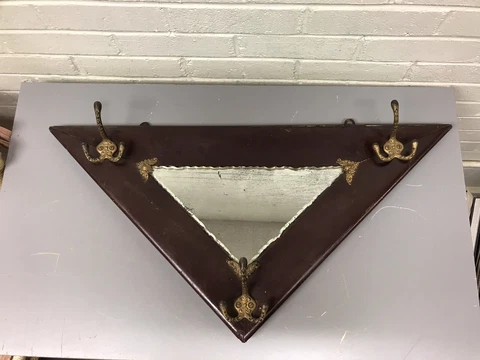 RARE ANTIQUE VTG TRIANGLE WOOD WITH MIRROR WALL COAT HAT RACK BEAUTIFUL 27.5X14” Cover