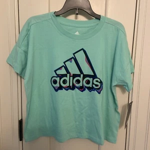 New NWT Adidas Short Sleeve Shirt Girl's Medium (10-12) Mint Green Logo Crop - Picture 1 of 6