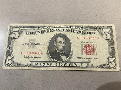 1963 $5 Dollar Red Seal well circulated - Image 1 of 2