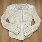 Juicy Couture Jacket Womens Small Ivory Open Knit Crochet Full Zip Gold Raw Hem