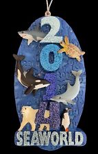 SeaWorld Christmas Ornament 2014 Logo Marine Animals Blue Glitter Oval 2.5 x 4