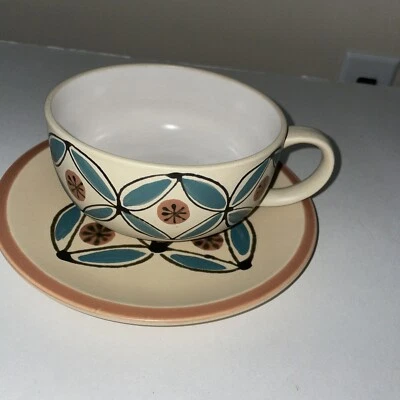 Stoneware Dinnerware Set, Plate & Bowl. Seventies style. Beige & Blue - Image 1 of 4