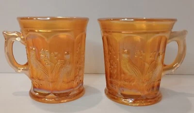 Northwood Marigold Amber Carnival Glass Mugs Cups Singing Birds Flowers - Image 1 of 4