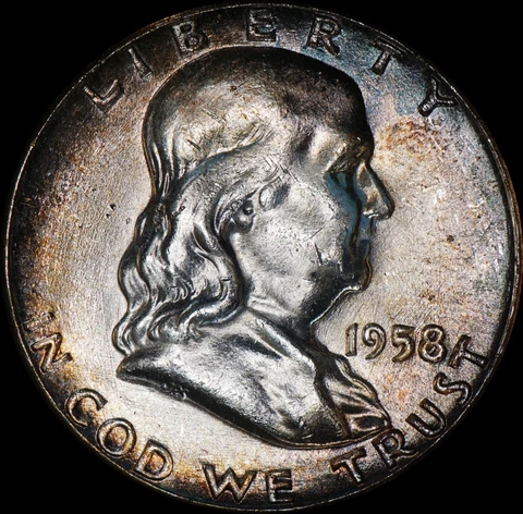 1958 Franklin Half Dollar Silver Uncirculated, Nice Rainbow, As Shown 951 Cover