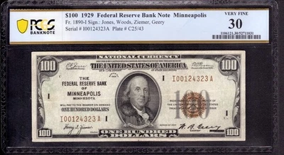 1929 $100 FEDERAL RESERVE BANK NOTE MINNEAPOLIS FR.1890-I PCGS B VF 30 (323A) - Image 1 of 4