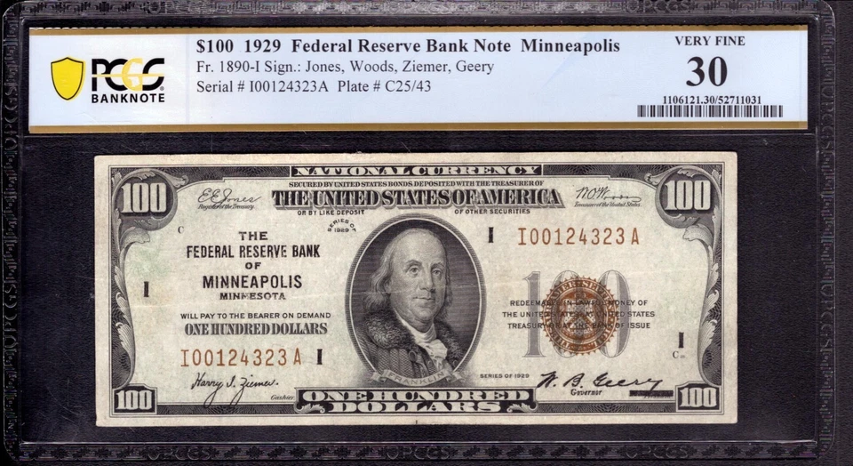 1929 $100 FEDERAL RESERVE BANK NOTE MINNEAPOLIS FR.1890-I PCGS B VF 30 (323A) - Image 1 of 4