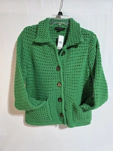 Ann Taylor Green Crochet Cardigan Sweater Size L Button Front NWT - Picture 1 of 4