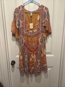 New W/tags RAGA Orange &blue W/gold Metallic Thread Dress Sz Med Elbow Sleeves - Picture 1 of 8