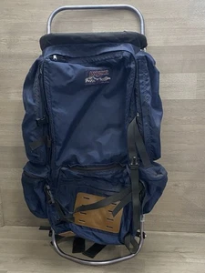 VINTAGE JANSPORT RUCKSACK EXTERNER RAHMEN LEICHTER BLAUER NYLON & LEDER - Bild 1 von 15