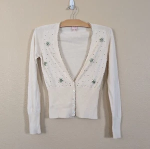 Y2K VTG Whistles London Silk Cashmere Cardigan Floral Eyelet Embellished size 2 - Picture 1 of 9