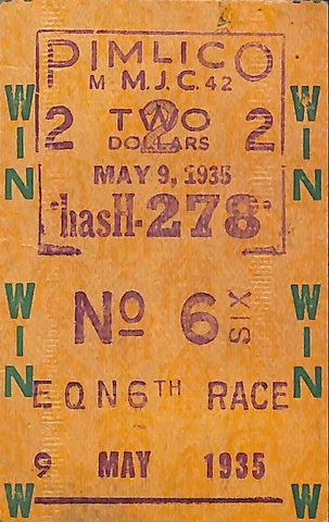 1935 Pimlico Horse Race Racing $2 Win Ticket Baltimore Maryland MD Cover