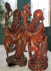 Chinese Shou Lao Longevity Gods Carved Pair Hardwood Wise Man With Staff & Bird - Picture 1 of 18